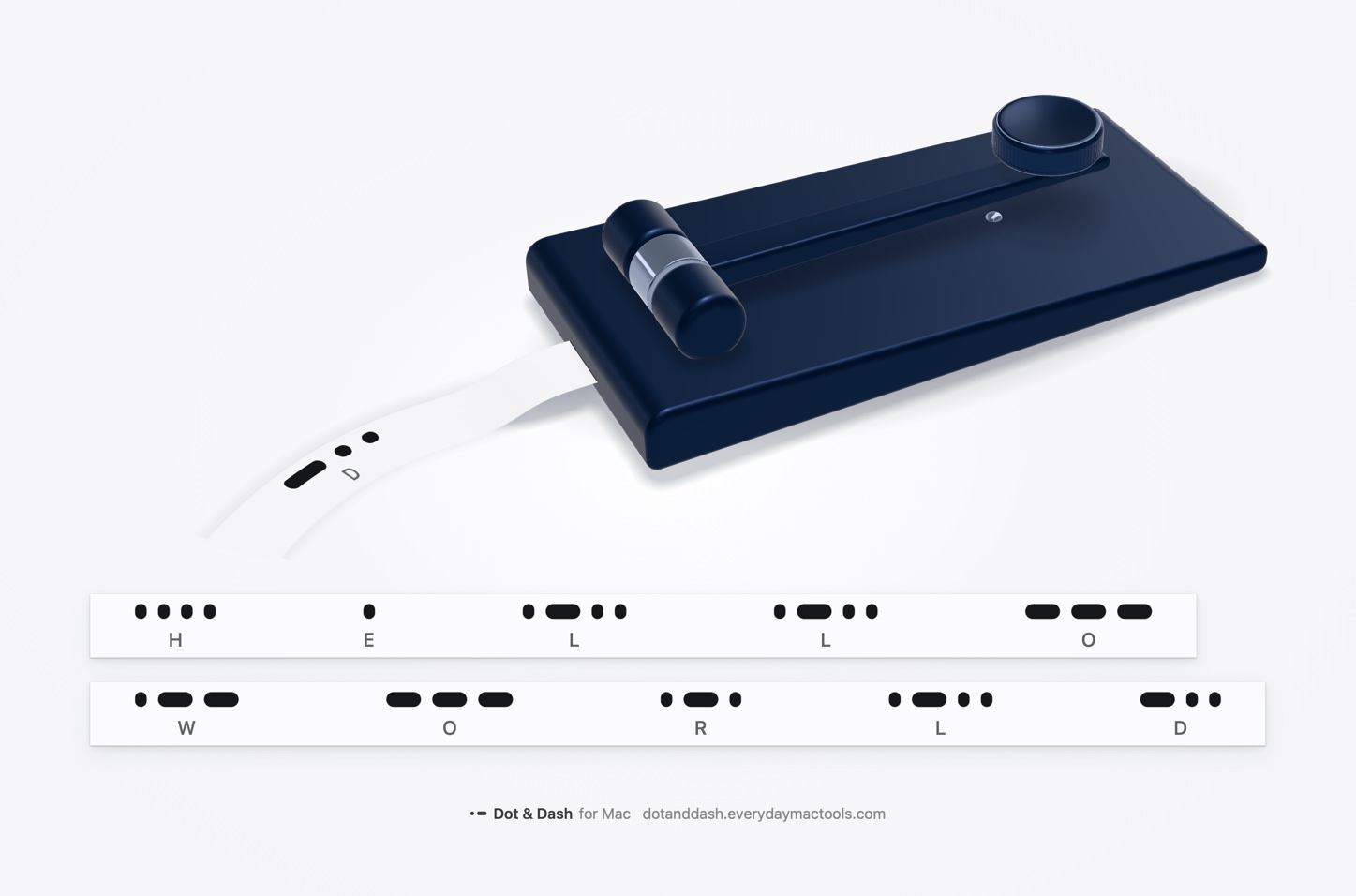 The tape image of HELLO WORLD: the machine in Midnight with its paper curling out, the message on two strips under it.