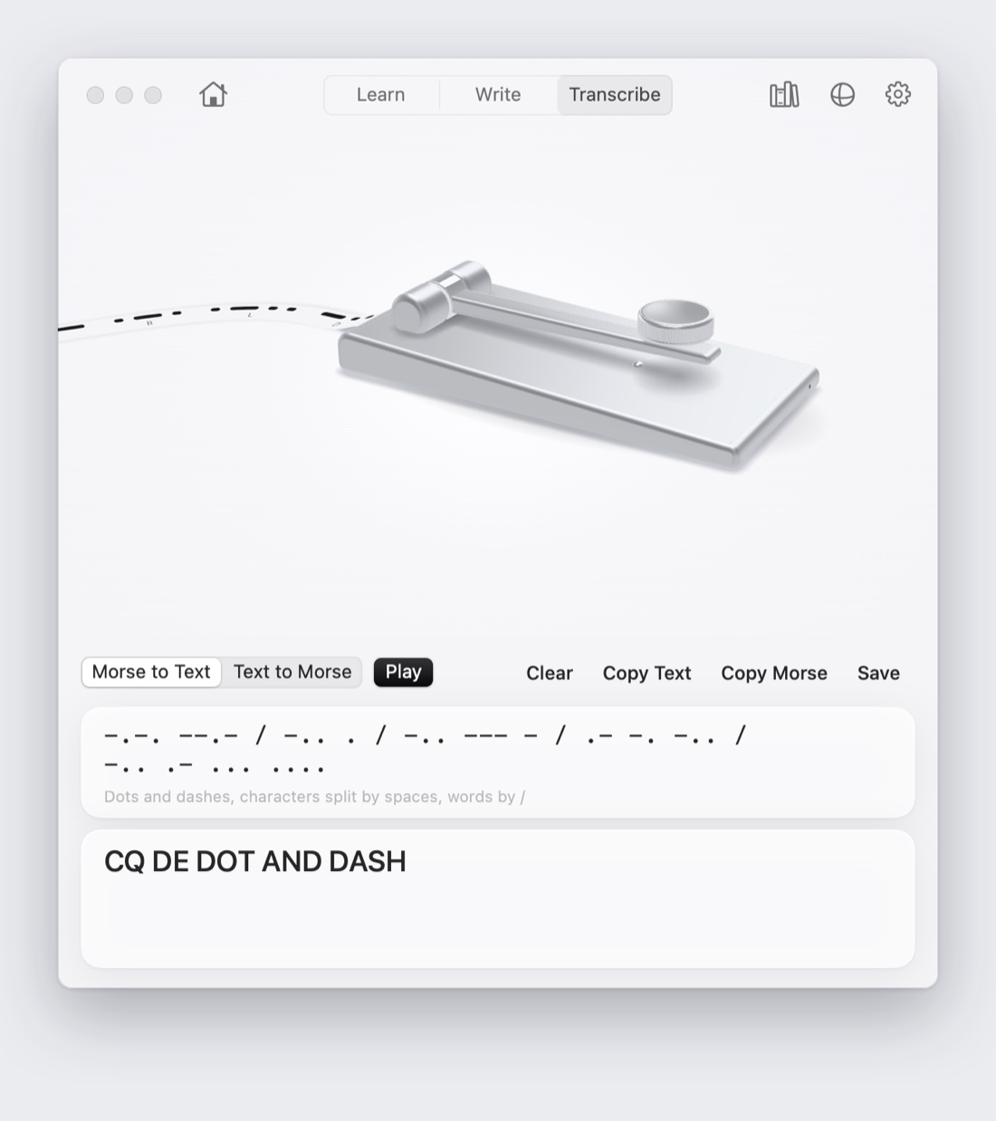 Morse to Text: pasted code reads CQ DE DOT AND DASH.