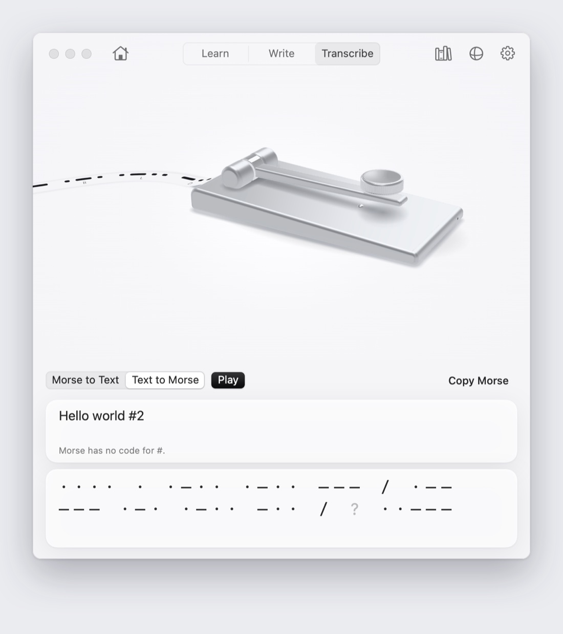 Text to Morse: Hello world #2 in dots and dashes, with a quiet note that Morse has no code for the hash sign.